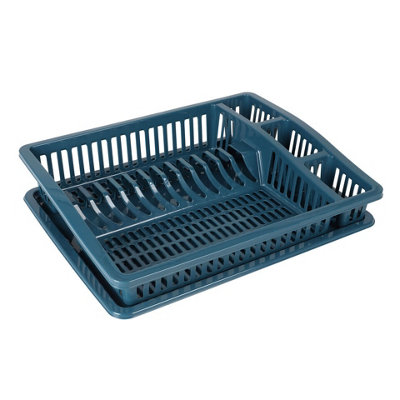 URBNCHEF 46cm Width Blue Plastic Large Dish Rack Drainer Kitchen Sink Plate Cutlery Glass Draining Tray