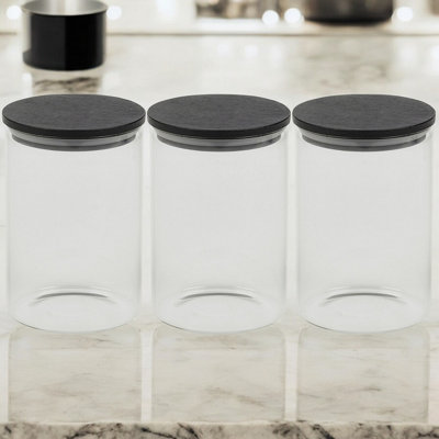 URBNCHEF 575ml 3 Pcs Clear Glass Cylinder Coffee Tea Storage Jars with Airtight Black Lid