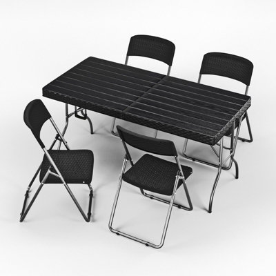 URBNGARDEN 151cm Width 5ft Black Rattan Wood Look Folding Table and 4 Chairs Set Garden Patio Furniture