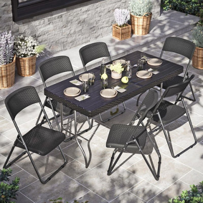 URBNGARDEN 151cm Width 5ft Black Rattan Wood Look Folding Table and 6 Chairs Set Garden Patio Furniture