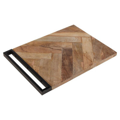 URBNGARDEN 40cm Width Brown Wooden Herringbone Chopping Cutting Slicing Board Metal Handle Food Safe