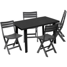 URBNGARDEN 5pcs Plastic Outdoor Rectangle Anthracite Garden Dining Table & Foldable Chair Furniture Set