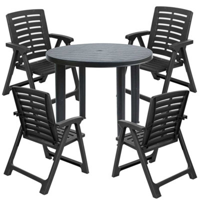 URBNGARDEN 72cm Height Table with 4 Chairs Outdoor Patio Garden Furniture Black Round Plastic Table and Folding Chairs Set