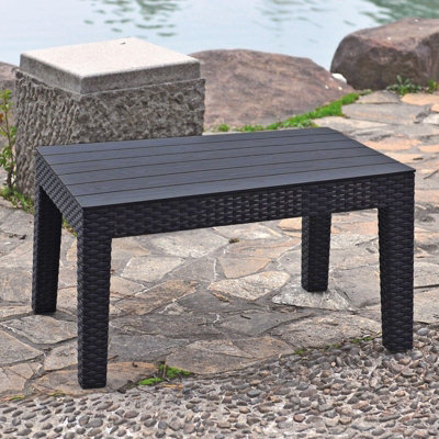 URBNGARDEN 72cm Width Black Rattan Coffee Table Wood Look Top Outdoor Garden Balcony Patio