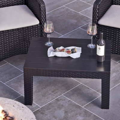 URBNGARDEN 72cm Width Black Rattan Coffee Table Wood Look Top Outdoor ...
