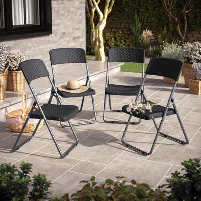 URBNGARDEN 82cm Height Black 4Pcs Rattan Effect Metal Folding Chairs Outdoor Indoor Dining Furniture DIY at B Q