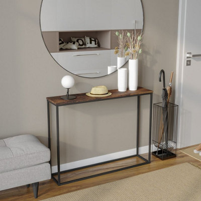 URBNLIVING 100.5cm Width Rustic Brown Wooden Free Standing Hallway Console Table Living Room Shelf Display with Metal Legs
