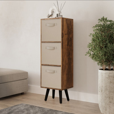 URBNLIVING 100cm Height Rustic Brown 3-Tier 3-Drawer Beige Cube Shelving Unit with Scandinavian Black Legs