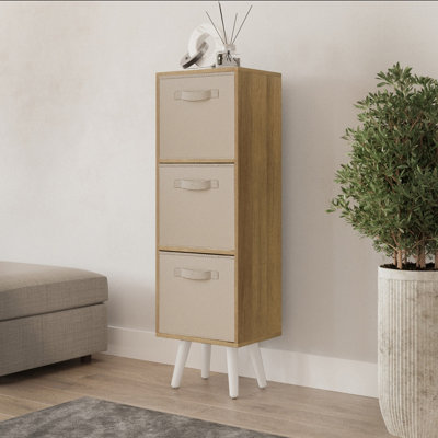 URBNLIVING 100cm Height Warm Oak 3-Tier 3-Drawer Beige Cube Shelving Unit with Scandinavian White Legs