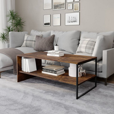 URBNLIVING 100cm Width Rustic Brown Wooden Coffee Table Steel Frame Open Storage Shelf Living Room Furniture