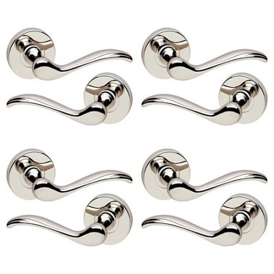 URBNLIVING 103mm Length 8 Pcs Geneva Metal & Polished Nickel Rose Lever Latch Door Handles Set