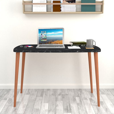 URBNLIVING 105cm Width Black Marble Home Office, Study Computer Desk Solid Modern Wooden With Scandi Legs