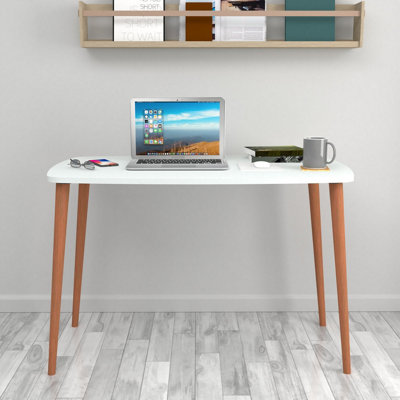 URBNLIVING 105cm Width White Home Office, Study Computer Desk Solid Modern Wooden With Scandi Legs