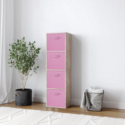 URBNLIVING 106cm Height 4 Tiers Antique Oak Wooden Shelves Cubes Storage Units With Light Pink Drawer Insert