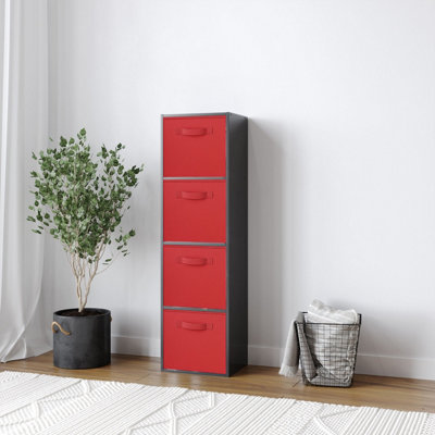 URBNLIVING 106cm Height 4 Tiers Black Wooden Shelves Cubes Storage Units With Red Drawer Insert