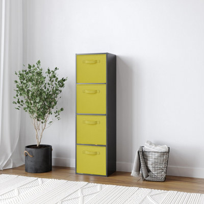 URBNLIVING 106cm Height 4 Tiers Black Wooden Shelves Cubes Storage Units With Yellow Drawer Insert