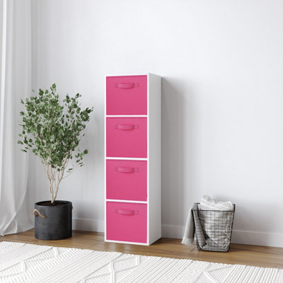 URBNLIVING 106cm Height 4 Tiers White Wooden Shelves Cubes Storage Units With Dark Pink Drawer Insert