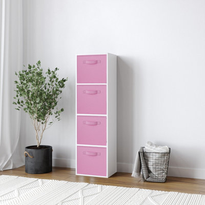 URBNLIVING 106cm Height 4 Tiers White Wooden Shelves Cubes Storage Units With Light Pink Drawer Insert