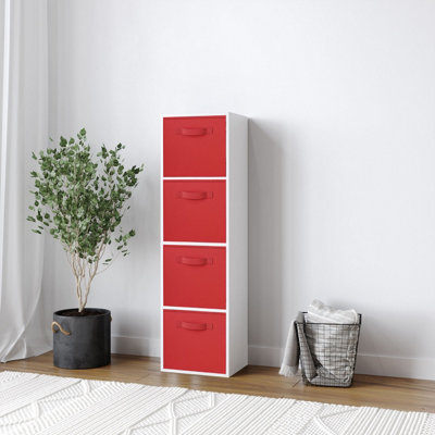 URBNLIVING 106cm Height 4 Tiers White Wooden Shelves Cubes Storage Units With Red Drawer Insert