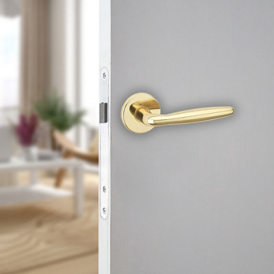 URBNLIVING 107mm Length 2 Pcs Rouen Metal & Polished Brass Rose Lever Latch Door Handles Set