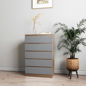 URBNLIVING 109cm Height 5 Grey Drawer Oak Wooden Bedroom Chest Cabinet Storage Cupboard