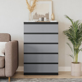 URBNLIVING 109cm Height 5 Grey Drawer Skagen Black Wooden Bedroom Chest Cabinet No Handle Storage Cupboard