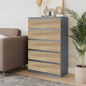 URBNLIVING 109cm Height 5 Oak Drawer Grey Wooden Bedroom Chest Cabinet Storage Cupboard