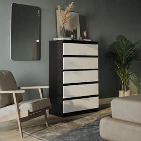 URBNLIVING 109cm Height 5 White Drawer Skagen Black Wooden Bedroom Chest Cabinet No Handle Storage Cupboard