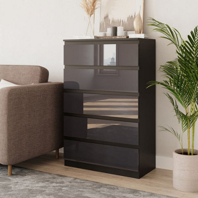 URBNLIVING 109cm Tall 5 Drawer High Gloss Bedside Chest of Drawers with Smooth Metal Runner Black & Grey