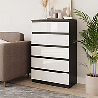 URBNLIVING 109cm Tall 5 Drawer High Gloss Bedside Chest of Drawers with Smooth Metal Runner Black & White