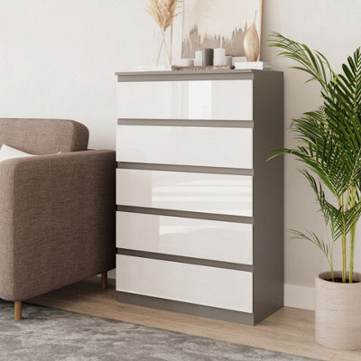 URBNLIVING 109cm Tall 5 Drawer High Gloss Bedside Chest of Drawers with Smooth Metal Runner Grey & White