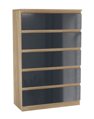 URBNLIVING 109cm Tall 5 Drawer High Gloss Bedside Chest of Drawers with Smooth Metal Runner Oak & Grey