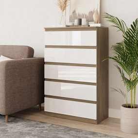 URBNLIVING 109cm Tall 5 Drawer High Gloss Bedside Chest of Drawers with Smooth Metal Runner Oak & White