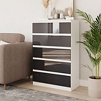 URBNLIVING 109cm Tall 5 Drawer High Gloss Bedside Chest of Drawers with Smooth Metal Runner White & Grey