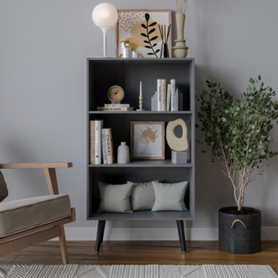 URBNLIVING 110cm Height 3 Tier Grey Bookcase Storage Cabinet Scandinavian Style Black Legs Dining Room Display Unit