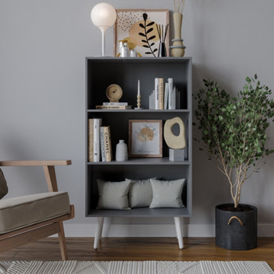 URBNLIVING 110cm Height 3 Tier Grey Bookcase Storage Cabinet Scandinavian Style White Legs Dining Room Display Unit