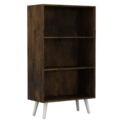 URBNLIVING 110cm Height 3 Tier Rustic Brown Bookcase Storage Cabinet Scandinavian Style White Legs Room Display Unit