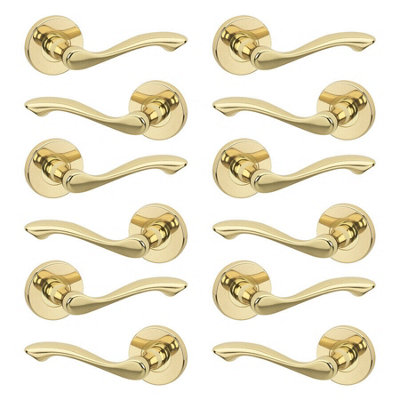 URBNLIVING 110mm Length 12Pcs Seine Metal & Polished Brass Rose Lever Latch Door Handles Set