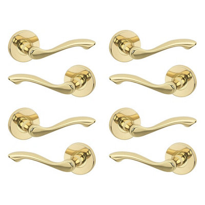 URBNLIVING 110mm Length 8Pcs Seine Metal & Polished Brass Lever Latch Door Handles Set