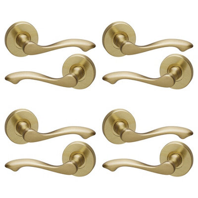 URBNLIVING 110mm Length 8Pcs Seine Metal & Satin Brass Lever Latch Door Handles Set