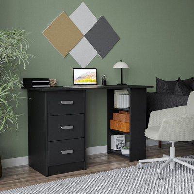 URBNLIVING 115cm Width Large Computer Desk Office Makeup Vanity Dressing Black Table Bedroom Drawers Shelves