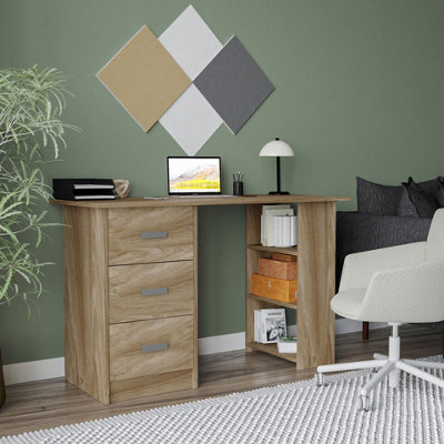 URBNLIVING 115cm Width Large Computer Desk Office Makeup Vanity Dressing Oak Table Bedroom Drawers Shelves