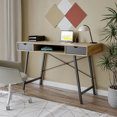 URBNLIVING 117cm Width Mid Century Oak Wood Writing Desk Computer Laptop Bureau Black 2 Drawers with