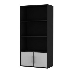 URBNLIVING 118cm Height 4 Tier Black Wooden Bookcase Cupboard with Metal Handle Storage Shelving Display Cabinet White Door