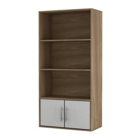 URBNLIVING 118cm Height 4 Tier Oak Wooden Bookcase Cupboard with Metal Handle Storage Shelving Display Cabinet White Door