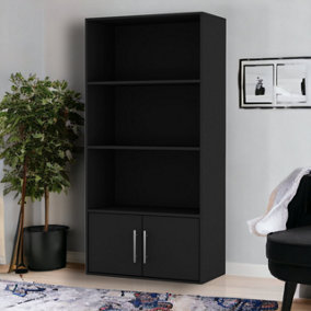 URBNLIVING 118cm Height Black 4-Tier Bookcase with 2 Doors - Metal Handles