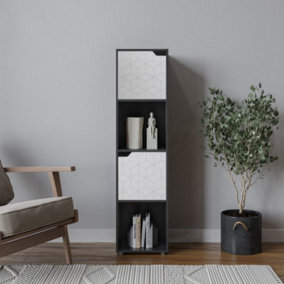 URBNLIVING 119cm Height 4 Cubes Black Wooden Bookcase Display Shelf Storage Cabinet With Modern Geo White Door