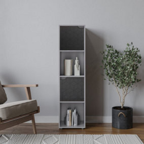 URBNLIVING 119cm Height 4 Cubes Grey Wooden Bookcase Display Shelf Storage Cabinet With Modern Geo Black Door
