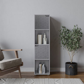 URBNLIVING 119cm Height 4 Cubes Grey Wooden Bookcase Display Shelf Storage Cabinet With Modern Geo Grey Door