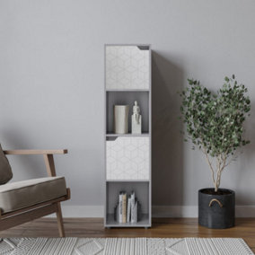 URBNLIVING 119cm Height 4 Cubes Grey Wooden Bookcase Display Shelf Storage Cabinet With Modern Geo White Door
